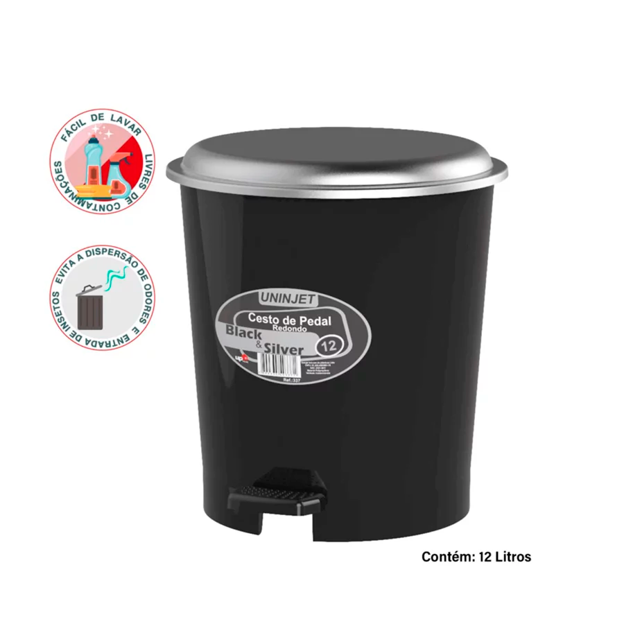LIXEIRA 12LTS C/PEDAL REDONDA PRETA REF.0337 UNINJET