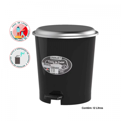 LIXEIRA 12LTS C/PEDAL REDONDA PRETA REF.0337 UNINJET